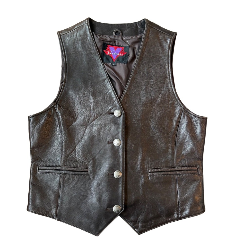 Vintage Verducci Large Brown Leather Vest Buffalo Nickel Buttons 90s Motorcycle
